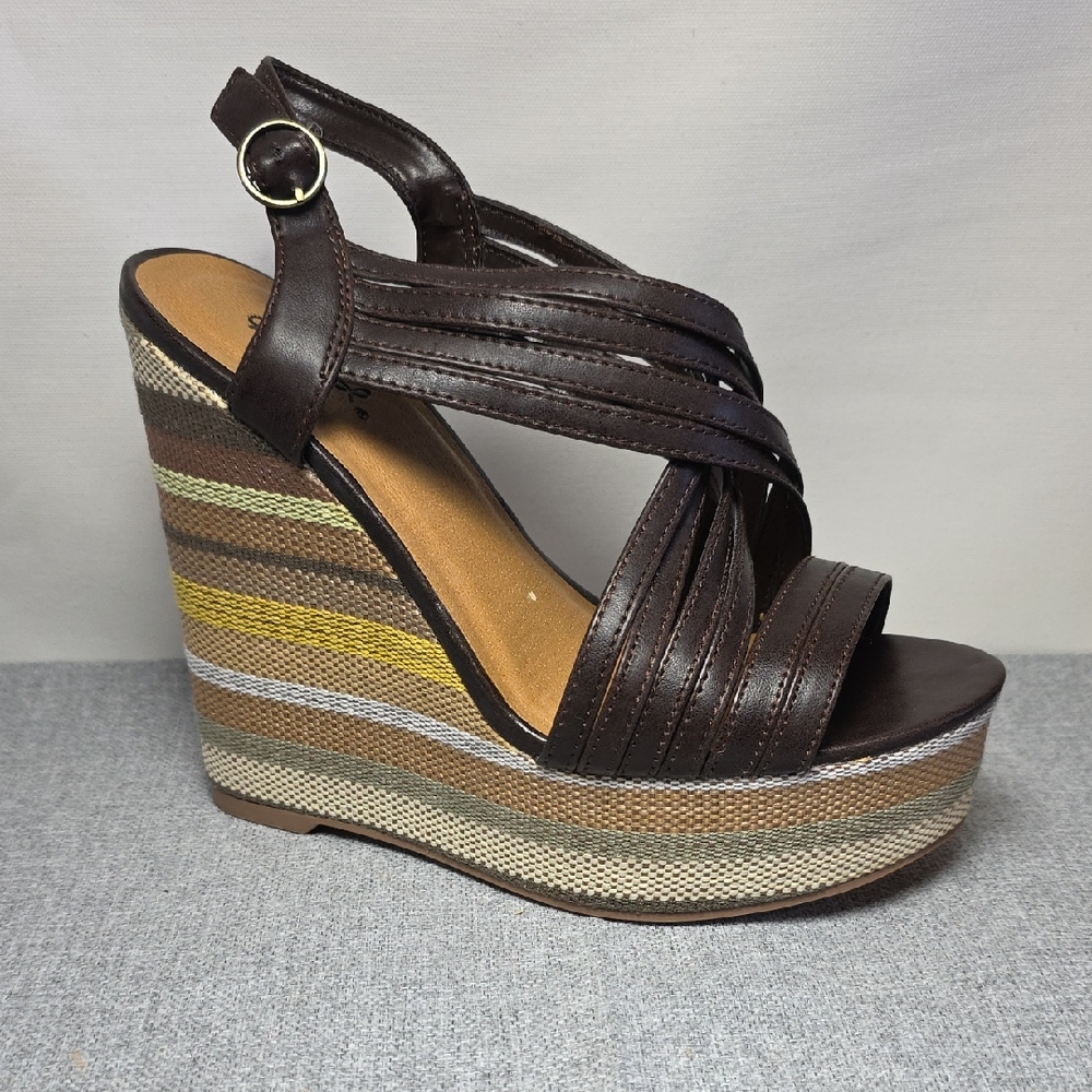 Qupid Brown Multi-Stripe Wedge Sandals